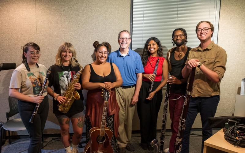 The Driftwood Quintet with host Greg Kostraba in the KBACH studios.